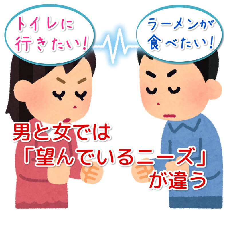 ラーメンが食べたい男 トイレに行きたい女 男と女では 望んでいるニーズ が違う ラーメンが食べたい男 トイレに行きたい女 男と女では 望んでいるニーズ が違う